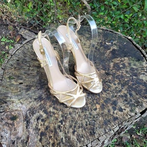 Vintage Diane Von Furstenberg Frauen Leder Gold Strap Stiletto Sandalen Größe 8,5 B/Womens High Heel Designer Sandalen