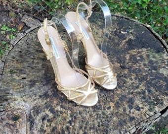 Vintage Diane Von Furstenberg  Women Leather Gold Strap Stiletto Sandals Size 8.5 B/Womens High Heel  Designer Sandals