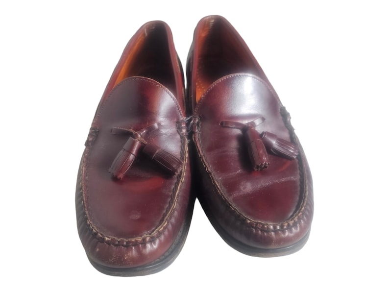 May include: A pair of dark brown leather tassel loafers. The loafers have a pointed toe and a leather sole.