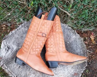 Sz 7 Vintage Riding Boots With Woven Design/genuine Leather