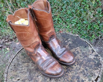 Vintage Men Brown Leather Go Western Style Roper Boots By Rio Grande Size US Size 10/Men Designer Boots/ Men Rodeo Boots