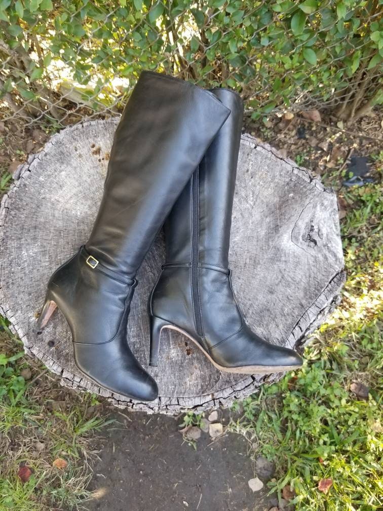 70s Black Leather Boots, Tall High Heel Boot Cobbie 9M