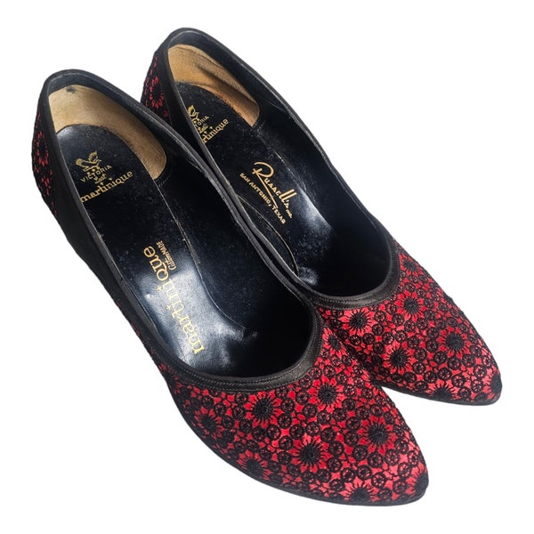 MARTINIQUE Custom Made Red and Black Fabric Pumps w/Floral Embroidery. Sz 7 AAA/ 60S