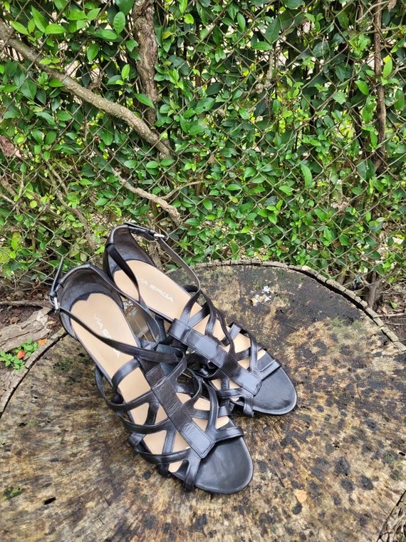 Vintage Women Leather Black Strappy Sandals By Via