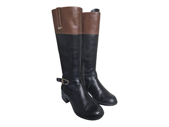 Bandolino Baya Knee High Leather Side Zip Riding Boots Black and Cognac Size 6.5