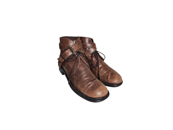 Vintage Guess Brown Leather Buckle Ankle Boots 90s Style