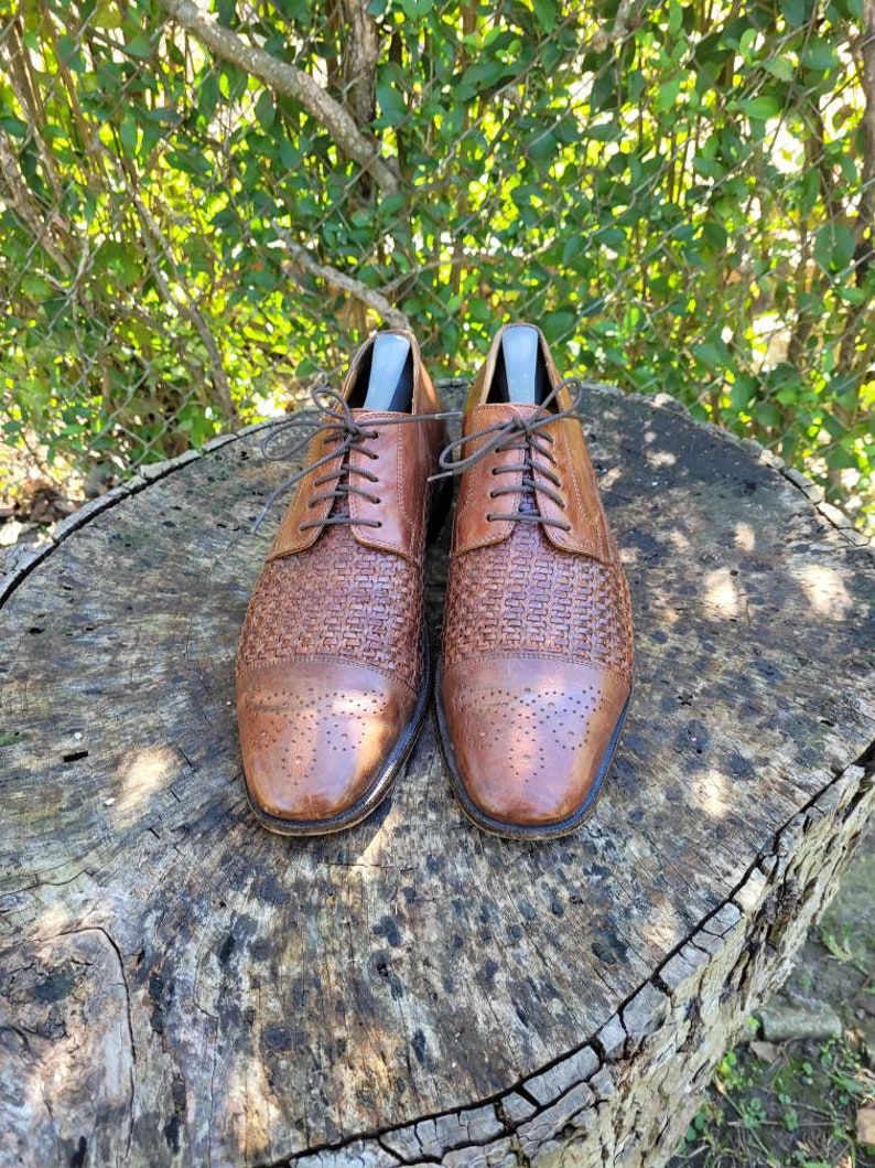 Men Vintage Leather Woven Detail Dress Shoes By Johnston and Murphy Size 9.5M/Men Designer Shoes/ Men Slip On Shoes image 3