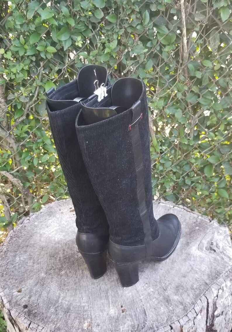 Sz 9.5 Leather And Corduroy Pull Up Boots Tall High Heel Boots 1990s Tommy Hilfiger
