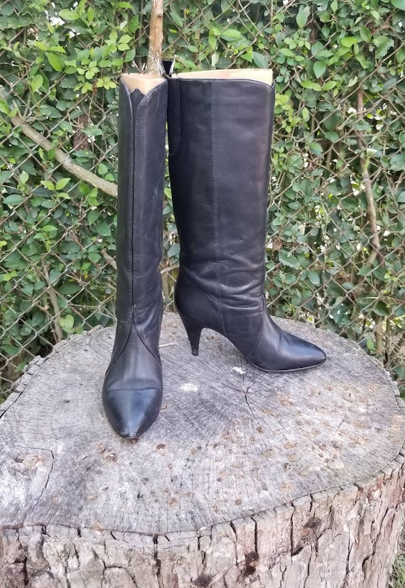Sz 6.5 Vtg 80s Black Stiletto Boots/Genuine Leathe