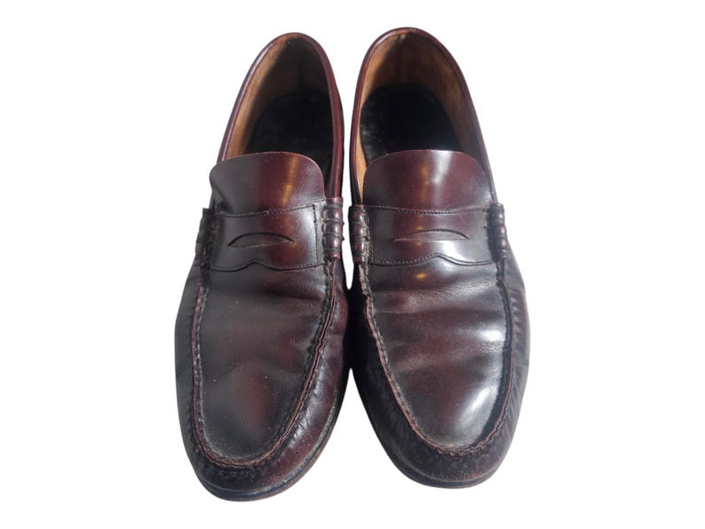 May include: A pair of brown leather loafers with a penny strap detail. The loafers have a slightly pointed toe and a stitched edge.