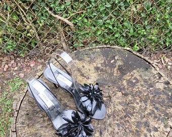 Vintage Frauen Schwarz Leder Slingback Sandalen von Sacha London Made In Spanien Größe 6.5B / Damen Designer Schuhe / Damen Offene Zehen Sandalen