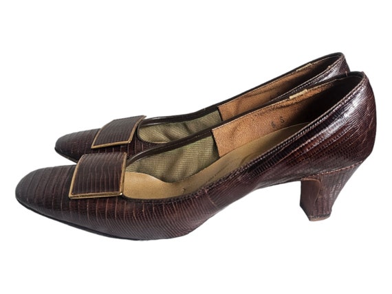 Vintage 1960s Mod Pilgrim Heels // Brown Alligato… - image 4