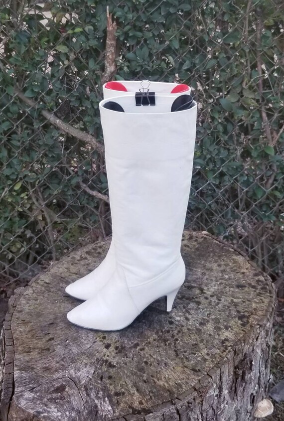 Vintage 80s White Leather Mid Calf Stiletto Boots