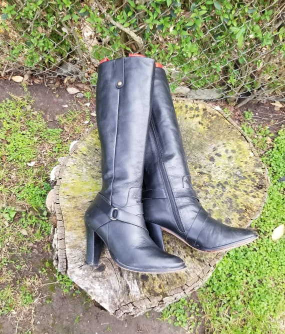 Corso Como Black Leather English Style Knee High Boots Side - Etsy