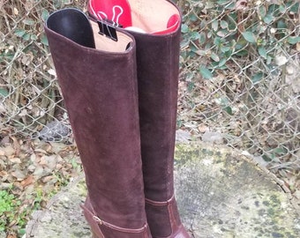 Bottes d'équitation en cuir marron vintage Gran Sol / Bottes d'équitation de designer à talons hauts et mi-mollet taille 6