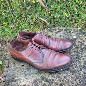 May include: A pair of brown leather lace-up shoes with a slightly pointed toe. The shoes are sitting on a tree stump.