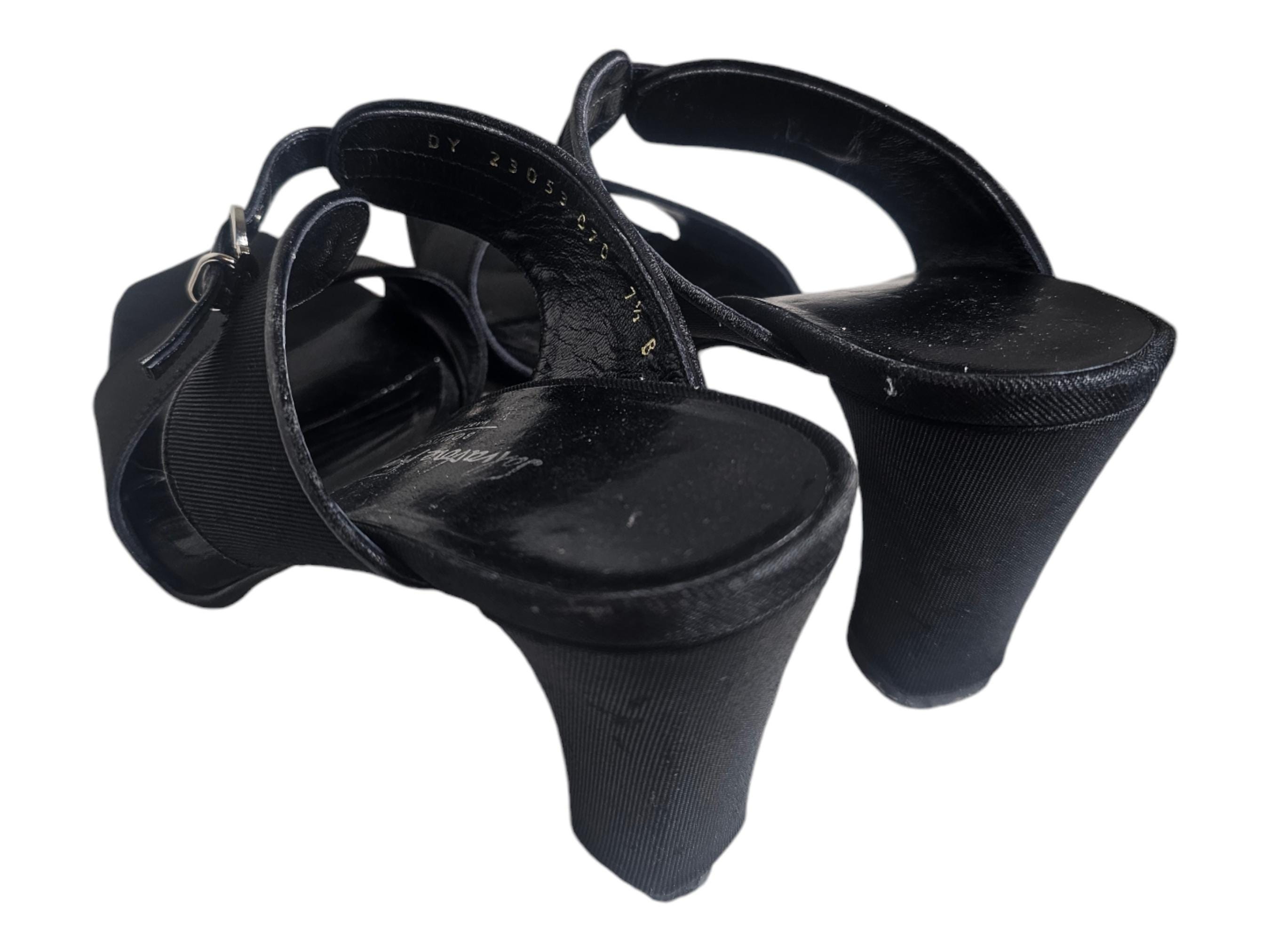 【関税&送料込】Salvatore Ferragamo Black Satin Sandals Salvatore Ferragamo Black Satin Embellished Heel Ankle Strap
