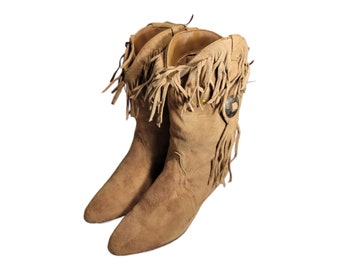 Vintage Sheriff Houston Tan Suede Boots Size 7.5 Fringe Western Style