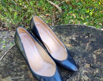 Vintage Navy Leather Pumps by Moda - Stacked Heel Dress Shoes