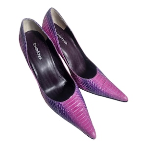 Women&#39;s BEBE Pink Purple Faux Snake Leather Stiletto Pumps Heels Shoes size 8.5M