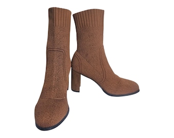 CUCCOO Women's Stretchy Ankle High Heel Almond Toe Boots in Brown US 7