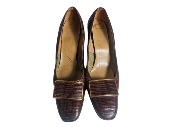Vintage 1960s Mod Pilgrim Heels // Brown Alligato… - image 3