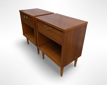 Pair Mid Century Modern Nightstands Restored Brass Pulls Walnut Finish