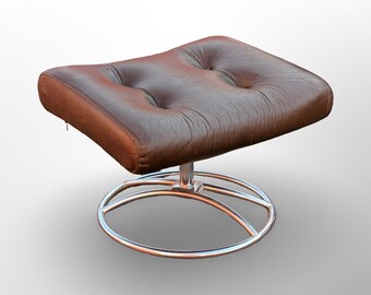 Vintage Ekornes Stressless Brown Leather Ottoman Chrome Base MCM Footstool