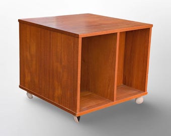 Danish Teak Rolling Cube Side Table Record Storage Mid Century Modern 20.5"