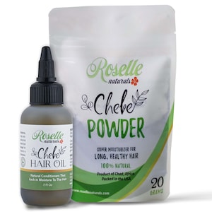 May include: A brown glass bottle of Roselle Naturals Chebe Hair Oil with a black dropper cap. The bottle label reads "Natural Conditioners That Lock in Moisture To The Hair 2 Fl Oz". Next to the bottle is a white pouch of Roselle Naturals Chebe Powder. The pouch label reads "Super Moisturizer for Long, Healthy Hair 100% Natural Product of Chad, Africa. Packed in the USA www.rosellenaturals.com 20 Grams".