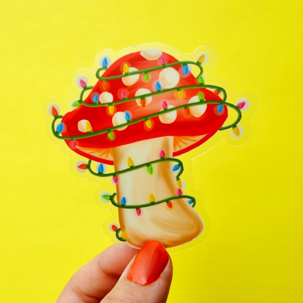Festive Funghi Sticker - Clear 3" Christmas Mushroom Sticker