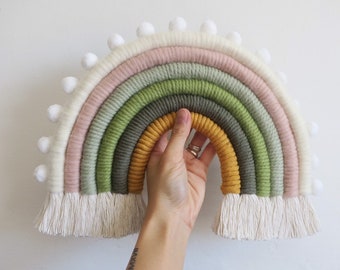 Layla | Large size rainbow wall hanging, mustard rainbow colour, kid room decor, nursery decor, pom pom rainbow