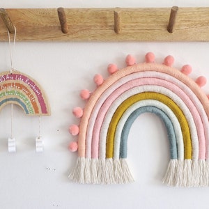 Peachy Coral custom rainbow decor, macrame rainbow, nursery decor, peach rainbow, baby sjower, pom pom decor image 4