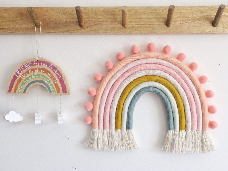 Peachy Coral custom rainbow decor, macrame rainbow, nursery decor, peach rainbow, baby sjower, pom pom decor image 4