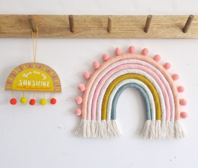 Peachy Coral custom rainbow decor, macrame rainbow, nursery decor, peach rainbow, baby sjower, pom pom decor image 3