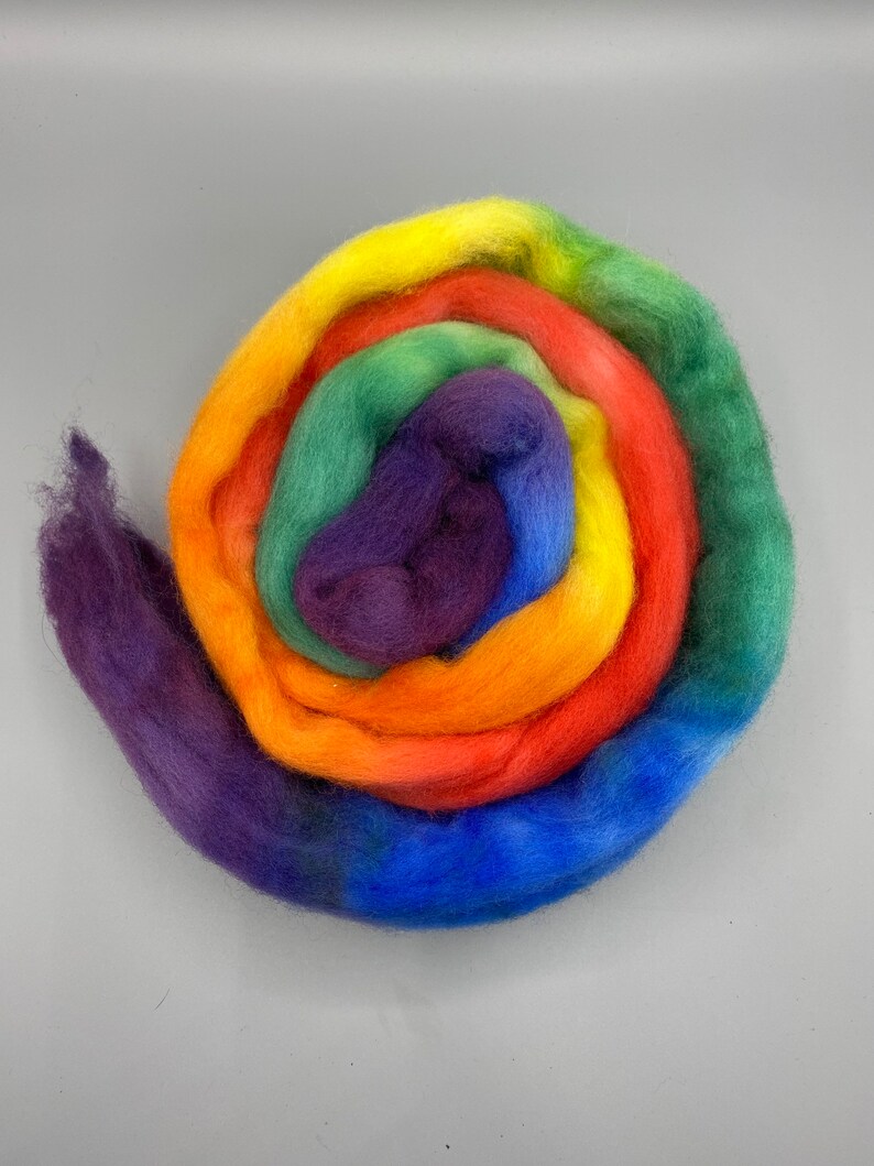 May include: A rainbow colored roving of wool yarn, rolled into a spiral shape. The colors are yellow, orange, red, blue, green, and purple.