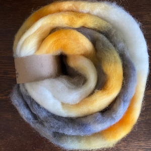May include: A close-up of a ball of yarn with a gradient of colors, starting with a light gray, then transitioning to a light yellow, and finally ending with a bright yellow.