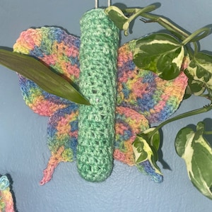 May include: A crocheted butterfly planter with a green crocheted pot hanging from a white string. The planter is made with rainbow colored yarn.