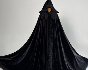 Black halloween cape Velvet Hooded cloak Witch cape feathers Medieval cape Halloween costumes Cape with hood Halloween accessory