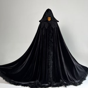 Black halloween cape Velvet Hooded cloak Witch cape feathers Medieval cape Halloween costumes Cape with hood Halloween accessory