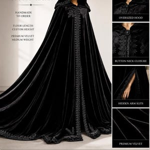 Black velvet hooded cloak with dramatic gothic silhouette and oversized hood, handmade Halloween witch cape for fantasy cosplay and vampire inspired styling