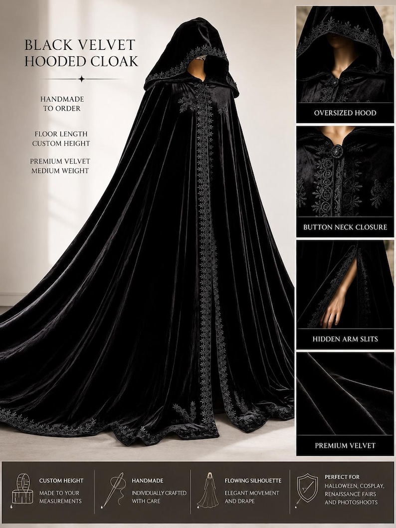 Black velvet hooded cloak with dramatic gothic silhouette and oversized hood, handmade Halloween witch cape for fantasy cosplay and vampire inspired styling
