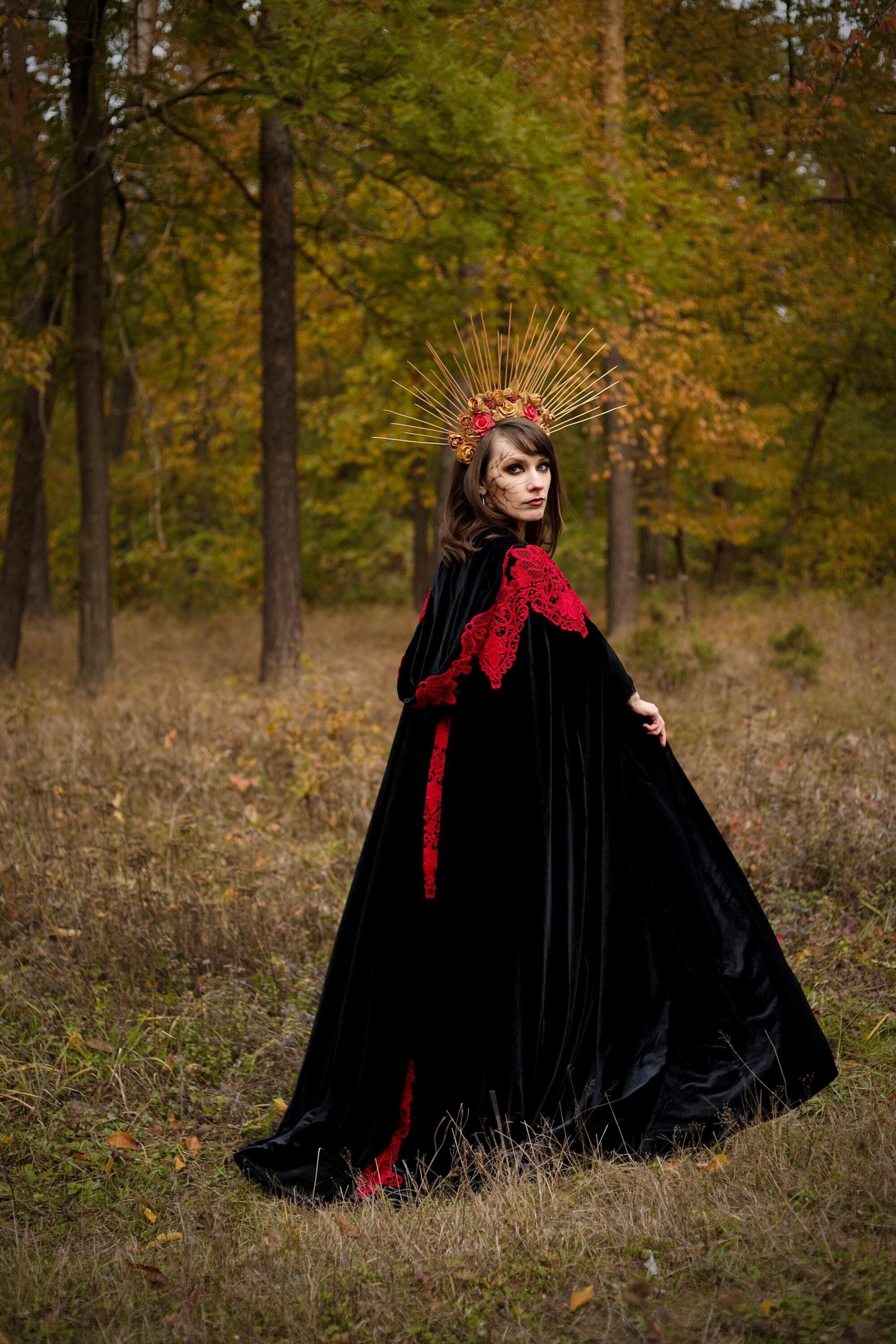 black dress red cape costume Black and Red Satin Costume Cape