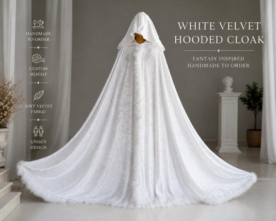 White Velvet Hooded Cloak with Feather Trim, Fantasy Cape