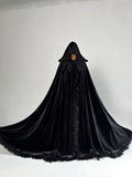 Black halloween cape Velvet Hooded cloak Witch cape feathers Medieval cape Halloween costumes Cape with hood Halloween accessory