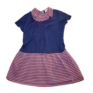 Drop waist 60er 70er Jahre MCM Polyester Butterfly Kragen Kurzarm karo Argyle Kleid