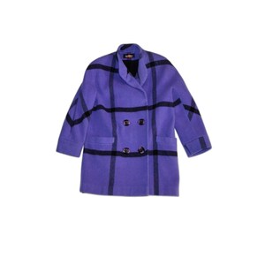 May include: A purple and black checked double-breasted coat with two buttons. The coat has a collar and two pockets.