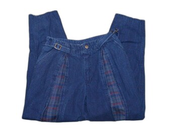 Vtg 80s PACIFIC EXPRESS Pleated Plaid Inset High Waist Baggy Tapered Jeans Sz 7