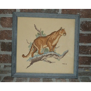 Vintage 1970s 1980s Preworked Finish Cross Stitch Mountain Lion Framed Photo