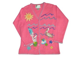 Quacker Factory QVC HSN Beach Summer Sequin Jasnoróżowy kardigan Sweater Y2K Medium